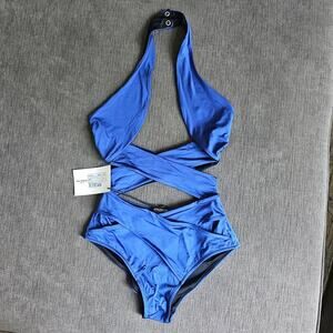 NWT Balman Paris Women's Blue Halter Neck Side Cutout One Piece Swimsuit Size 34